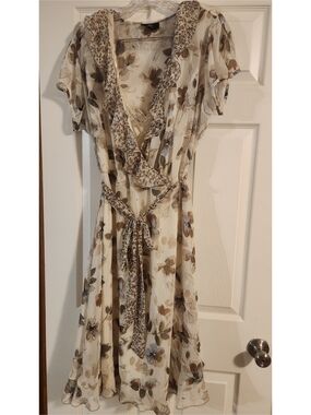 Vintage J.B.S. Cream Floral Wrap Midi Dress with Brown Accents